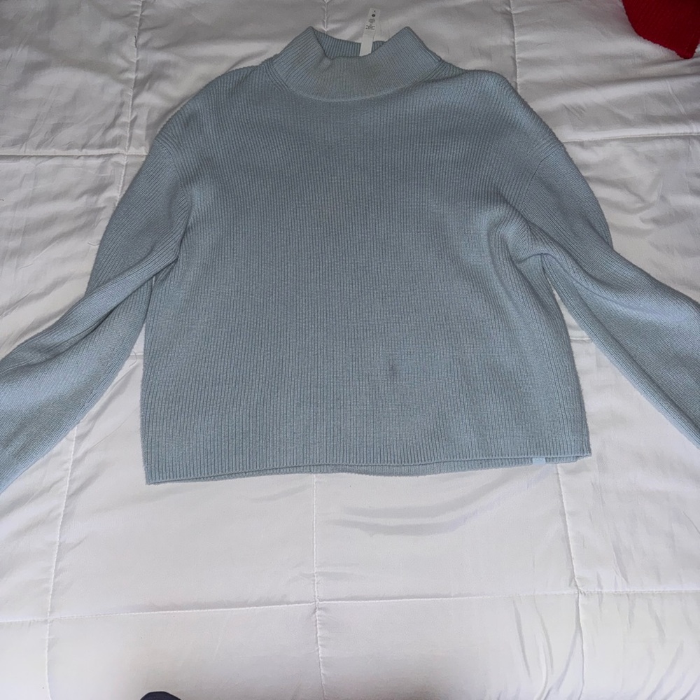 Lululemon Sweater Womens 6 Blue Ribbed Mock Neck Merino Wool Blend Oversized